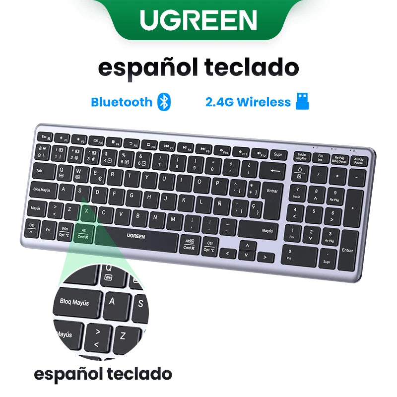 UGREEN Wireless Bluetooth 5.0 & 2.4G Keyboard – 99 Keycaps Russian/Korean/English, USB-C Rechargeable for MacBook, iPad, PC & Tablet
