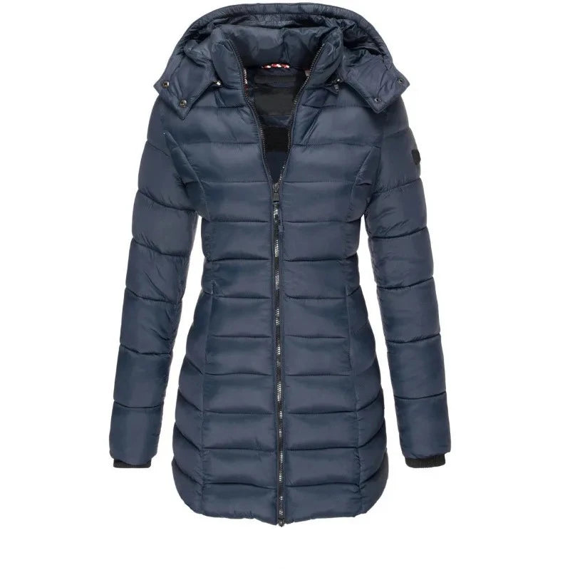 Women’s Winter Padded Parka – Thick Warm Mid-Length Slim Hooded Coat with Zipper