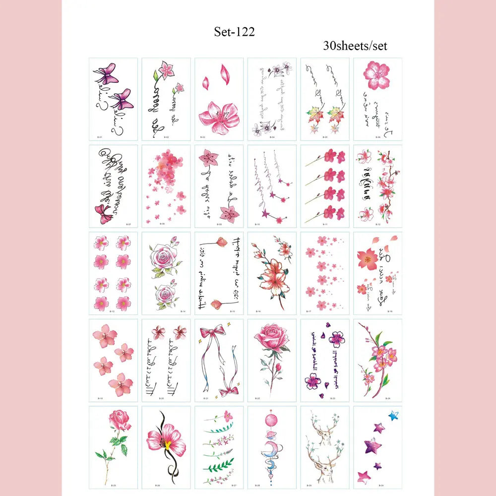 30pcs Black Temporary Tattoo Stickers - Flower Butterfly Rose Moon Star Mandala Designs for Hand, Chest & Body Art