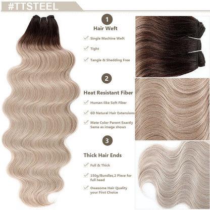 Highlight Gold Bio Body Wave Hair Weave Bundles – 26"/30" Synthetic High Temperature Soft, Natural Human-Like Fiber Hair Extensions