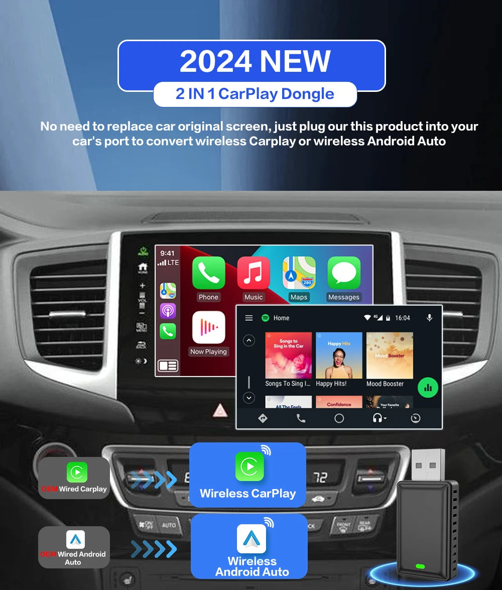 Wireless CarPlay Adapter – 2-in-1 Android Auto Smart Dongle for Volvo, Benz, Cadillac, Jeep, Lexus, Buick, Audi, Mazda, VW, Kia