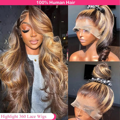 360 Full Lace Wig – Pre-Plucked P4/27 Human Hair, 38 Inches HD Lace Front Body Wave Highlight Wig