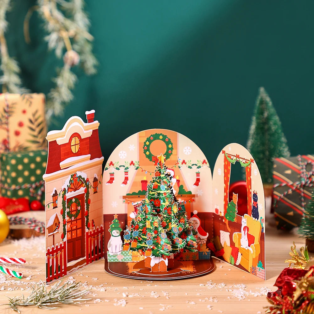 3D Christmas Tree Greeting Card – Cat Xmas Pop-Up Postcard with Envelope