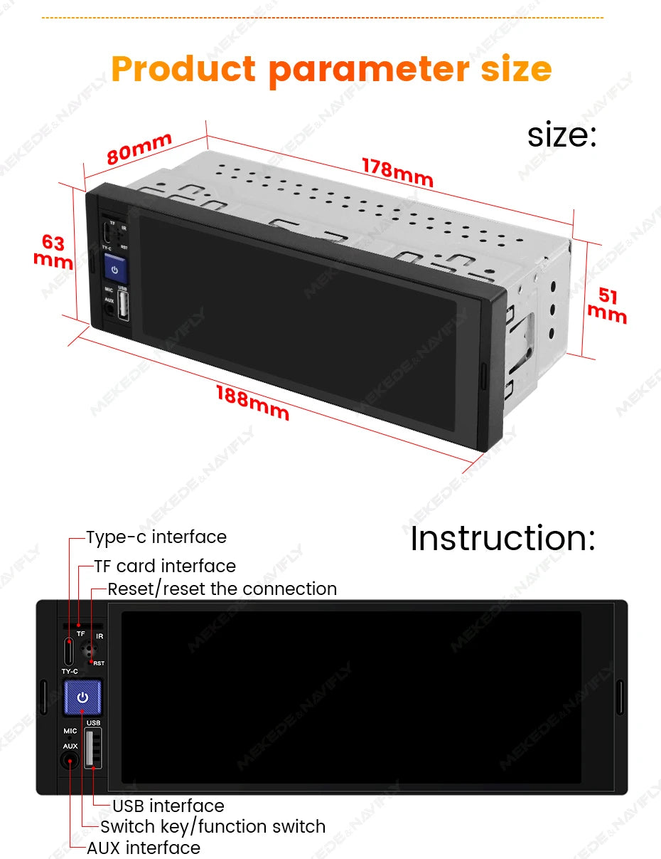 NaviFly 6.86" 1-DIN MP5 Car Stereo — Wireless CarPlay & Android Auto Multimedia Player with BT & FM