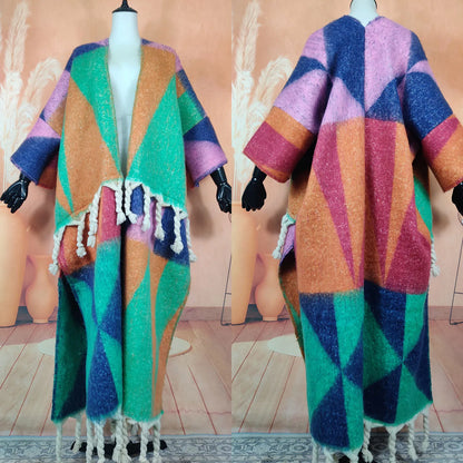 Fashion American Blogger Winter Open Front Cardigan – Oversized Warm Fuzzy Multicolor Wool Duster Coat, Soft and Stylish for Women