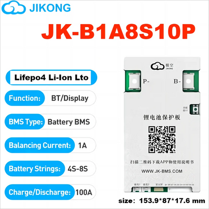 JK BMS 100A 8S 24V Smart Battery Management System - 1A Active Balance LiFePO4 & Li-Ion BMS with RS485, CAN, Bluetooth & App Support
