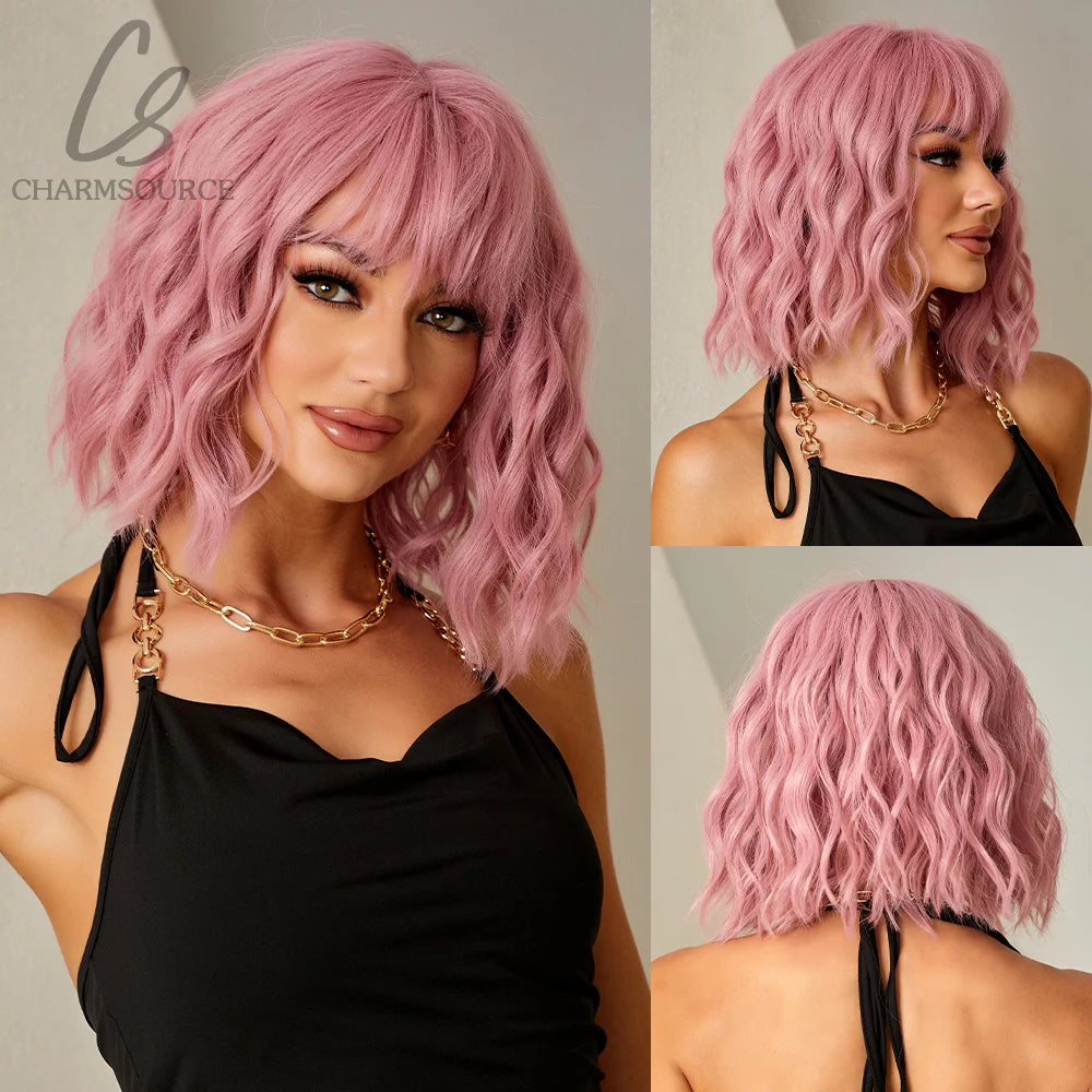 CharmSource Pink BOBO Short Synthetic Wig for Women — Natural Wave, High-Density, Heat-Resistant Hair for Daily & Party