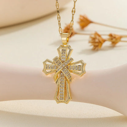 Retro Cross Necklace with Micro-Inlaid Zircon – Hollow Clavicle Chain Gift for Family & Friends, Elegant Versatile Jewelry