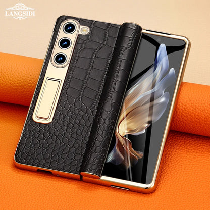 LANGSIDI Leather Case for Samsung Galaxy Z Fold 6/5/4/3 – Gold Plated Magnetic Hinge Cover with Mirror Film & Stand