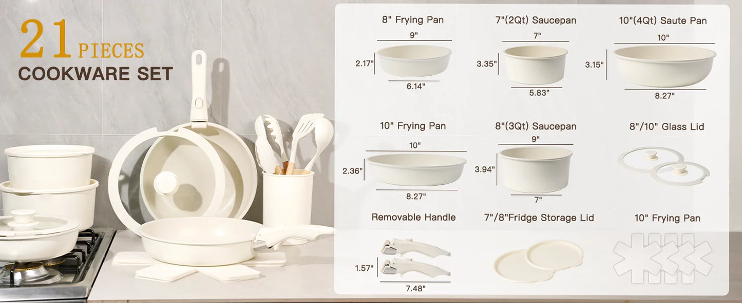 Astercook 21 Piece Ceramic Cookware Set - Non-Stick Pots and Pans with Sensor Handles in Milky White