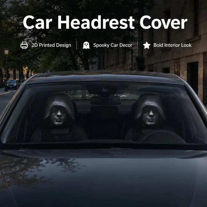 2-Piece Black Hooded Figure Car Headrest Covers - 2D Street Style Universal Headrest Protectors for Cars and SUVs