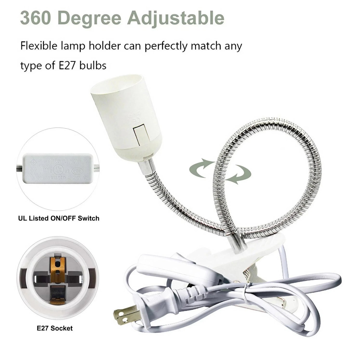 Flexible Desk Lamp Holder: EU US Plug 360 Degree E27 Light Base Socket Gooseneck Clip-on Cable with Power On Switch - Perfect for Home Use