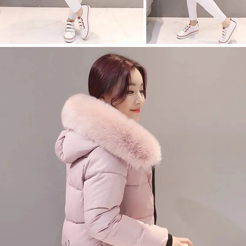 Women's Winter Parka – Fur Collar Hooded Long Jacket, Slim Fit, Warm & Thick with Letter Patch & Zipper Pockets