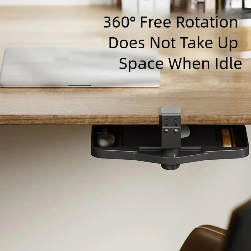 Clamp-On Desk Organizer – 360° Rotating Under-Desk Mouse Tray, Easy Install Storage Shelf for Home, Office & Dorm Use