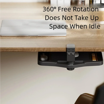 Clamp-On Desk Organizer – 360° Rotating Under-Desk Mouse Tray, Easy Install Storage Shelf for Home, Office & Dorm Use