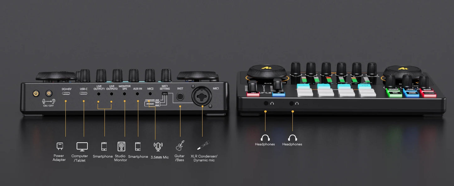 Maono AME2 Portable Audio Interface Sound Card – All-in-One DJ Mixer for Podcast Recording, Live Streaming, YouTube & Guitar PC