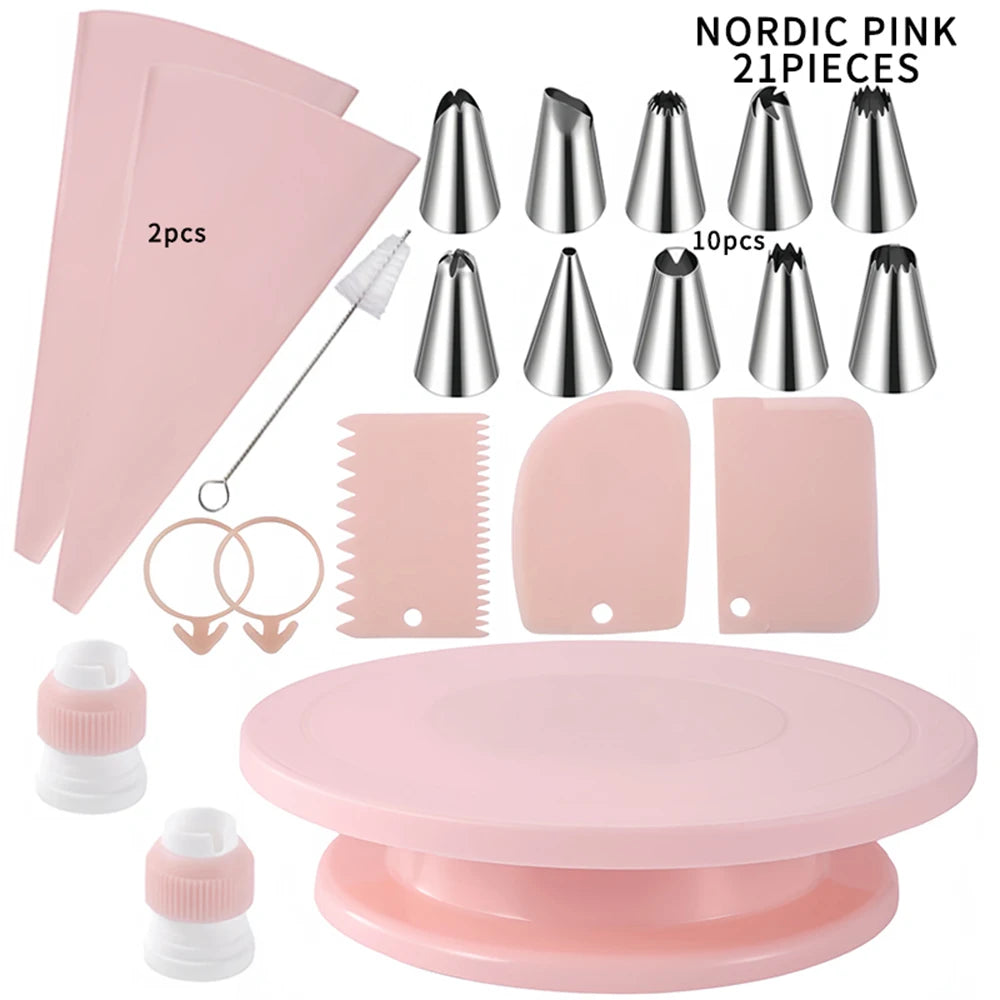 Cake Decorating Tools Kit – Pastry Turntable, Piping Nozzles, Bags & Icing Scraper Set for Baking