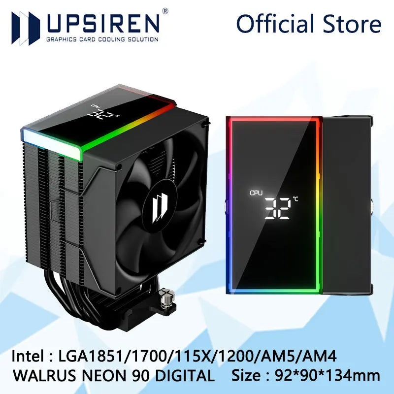 UPSIREN WALRUS NEON 90 CPU Air Cooler – ARGB Digital Display Radiator High Performance Cooling for Intel LGA1851/1700/115X & AMD AM5/AM4