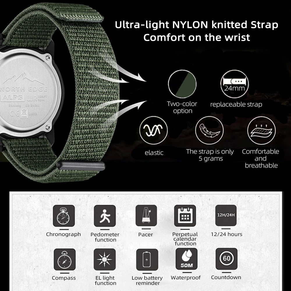 NORTH EDGE ALPS Men’s Digital Carbon Fiber Sports Watch – Shock-Resistant Military Style, Super Light, 50M Waterproof with Compass