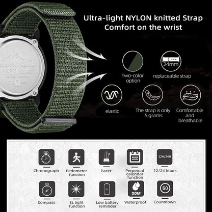 NORTH EDGE ALPS Men’s Digital Carbon Fiber Sports Watch – Shock-Resistant Military Style, Super Light, 50M Waterproof with Compass