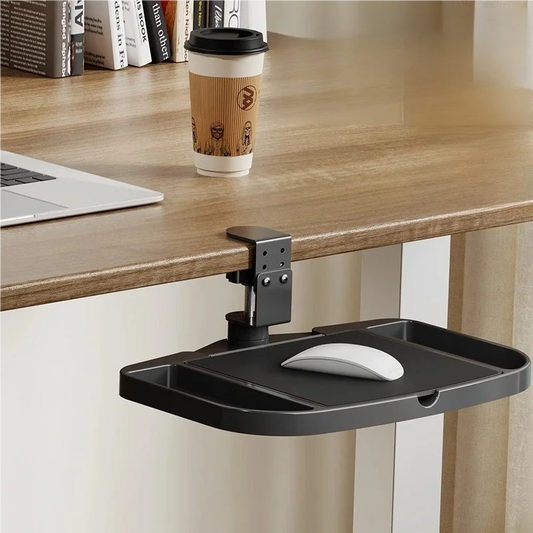 Clamp-On Desk Organizer – 360° Rotating Under-Desk Mouse Tray, Easy Install Storage Shelf for Home, Office & Dorm Use
