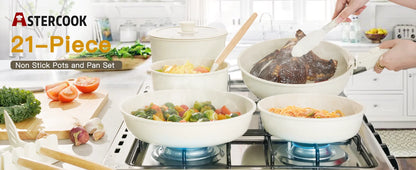 Astercook 21 Piece Ceramic Cookware Set - Non-Stick Pots and Pans with Sensor Handles in Milky White