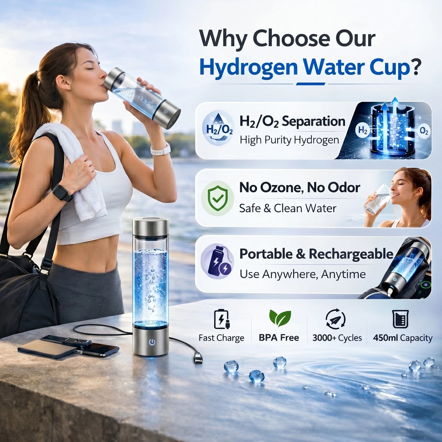 Hydrogen Water Generator Bottle - Portable Rechargeable SPE PEM Alkaline Ionizer Cup for Home & Travel