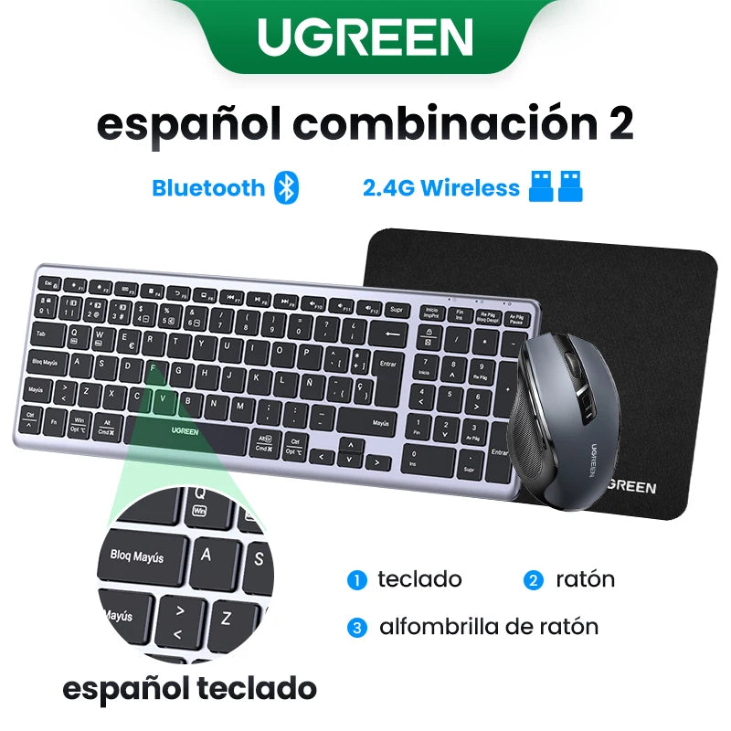 UGREEN Wireless Bluetooth 5.0 & 2.4G Keyboard – 99 Keycaps Russian/Korean/English, USB-C Rechargeable for MacBook, iPad, PC & Tablet