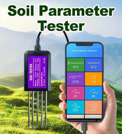 8 in 1 Soil Tester with USB Type-C – Temperature, Moisture, EC, PH, NPK, Portable Sensor, Free Android App