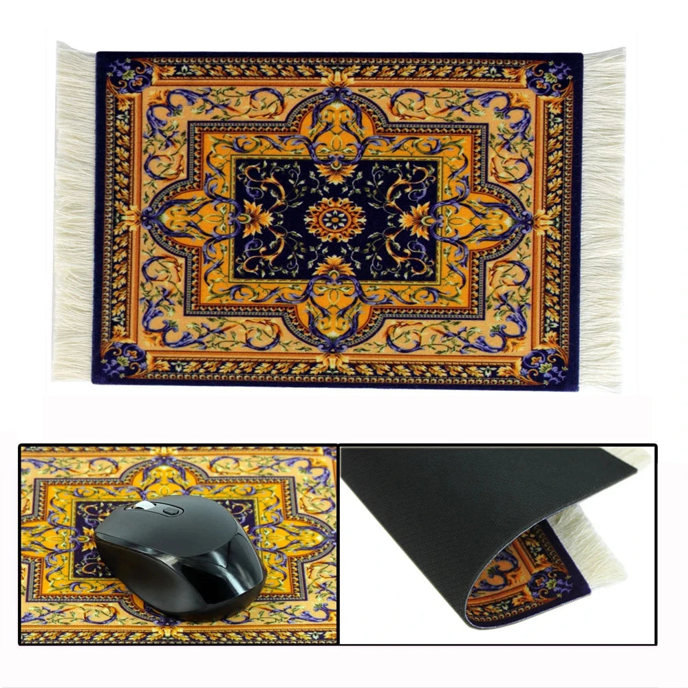 Persian Carpet Inspired Small Coaster - Retro Style Mouse Pad Desk Mat with Woven Flower Design - Non-Slip Rubber Computer Mat