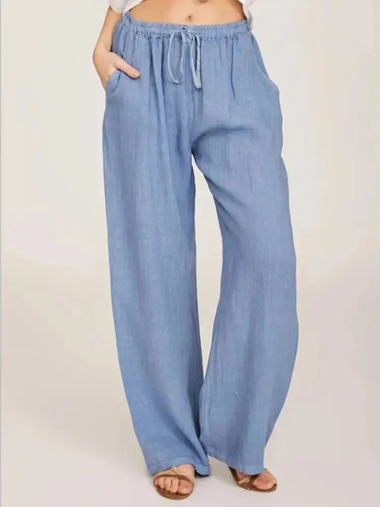 Women’s Cotton Linen Wide Leg Pants – Casual Loose Fit Elastic Waist Pocket Straight Trousers Oversized Streetwear