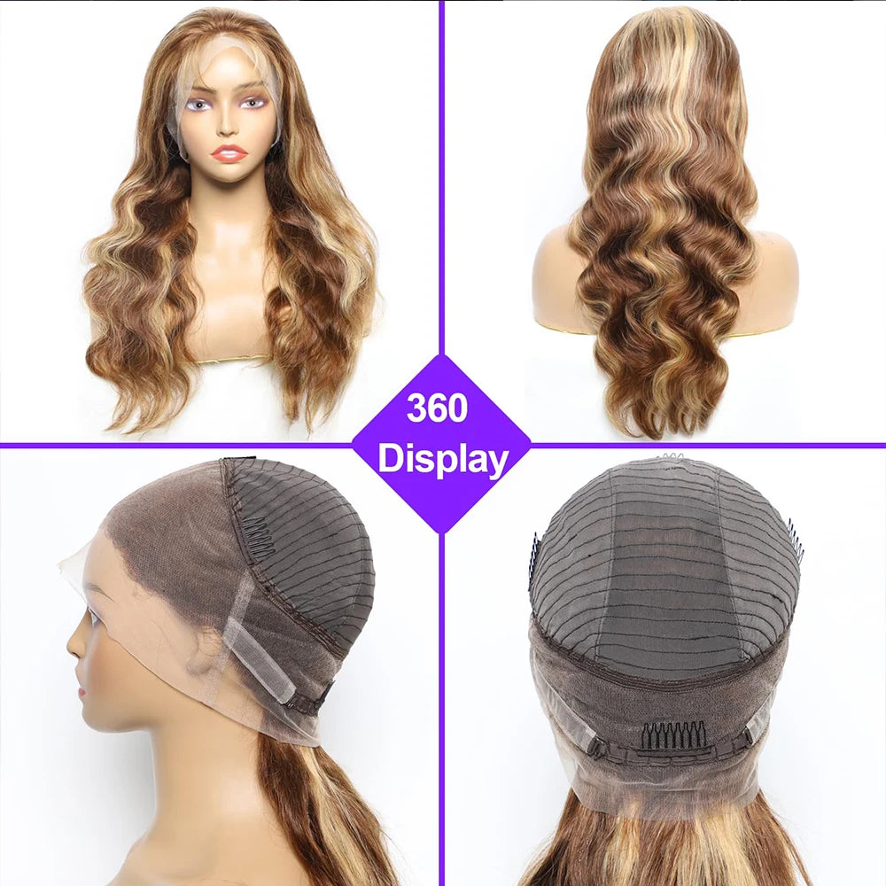 360 Full Lace Wig – Pre-Plucked P4/27 Human Hair, 38 Inches HD Lace Front Body Wave Highlight Wig