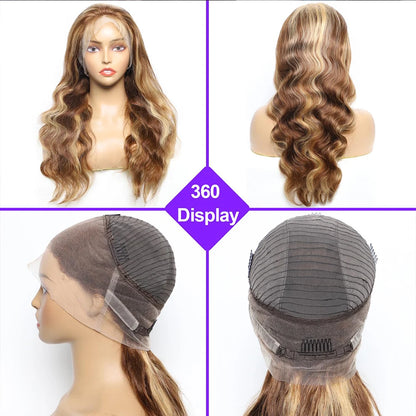360 Full Lace Wig – Pre-Plucked P4/27 Human Hair, 38 Inches HD Lace Front Body Wave Highlight Wig