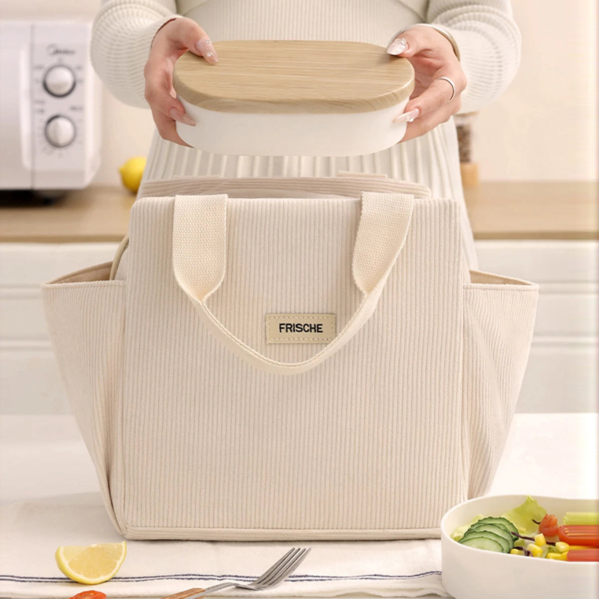12L Insulated Lunch Box Bag — Thickened Aluminum Foil, Waterproof & Oil-Proof Printed Corduroy Meal Bag
