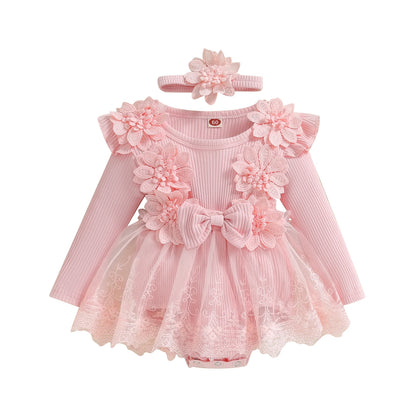 3D Flower Baby Girls’ Romper - Princess Mesh Lace Ruffle Bodysuit Dress with Headband