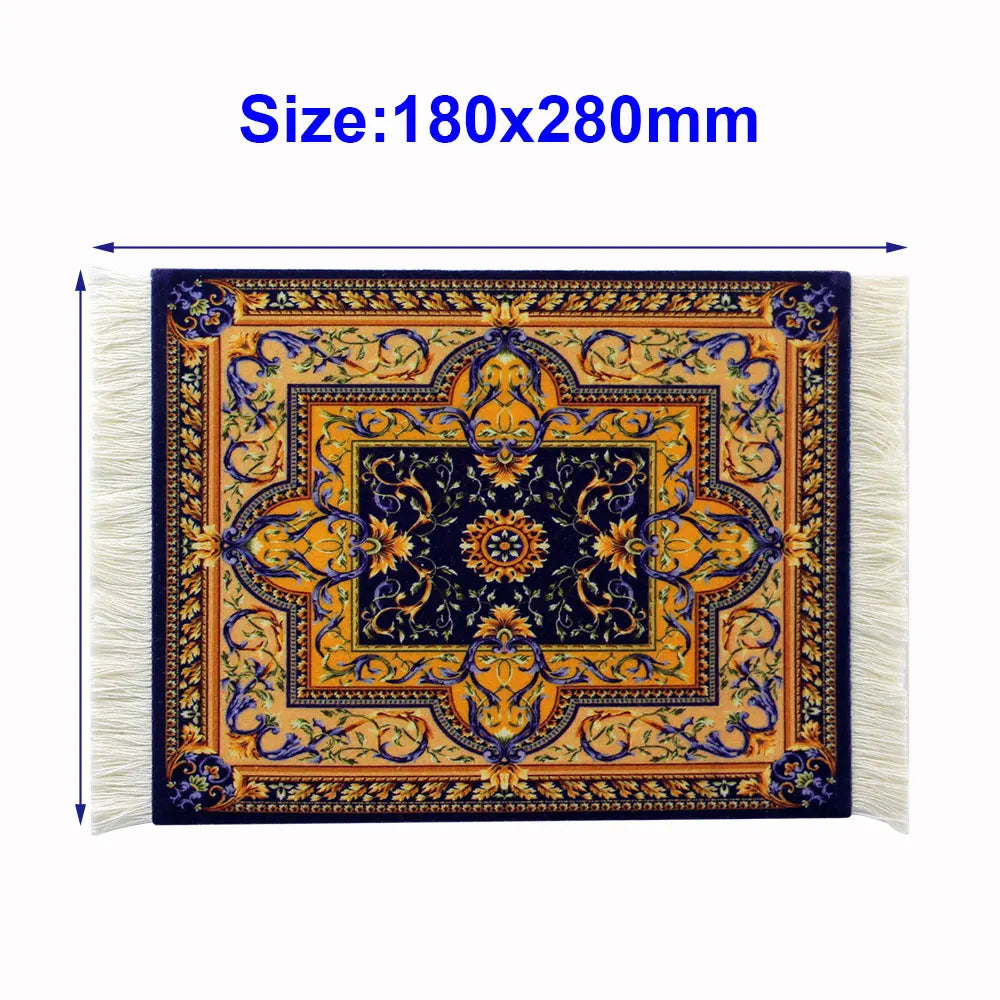Persian Mini Woven Rug Mousepad - Retro Style Carpet Pattern Cup Laptop PC Mouse Pad with Fringe - Home Office Table Decor Craft