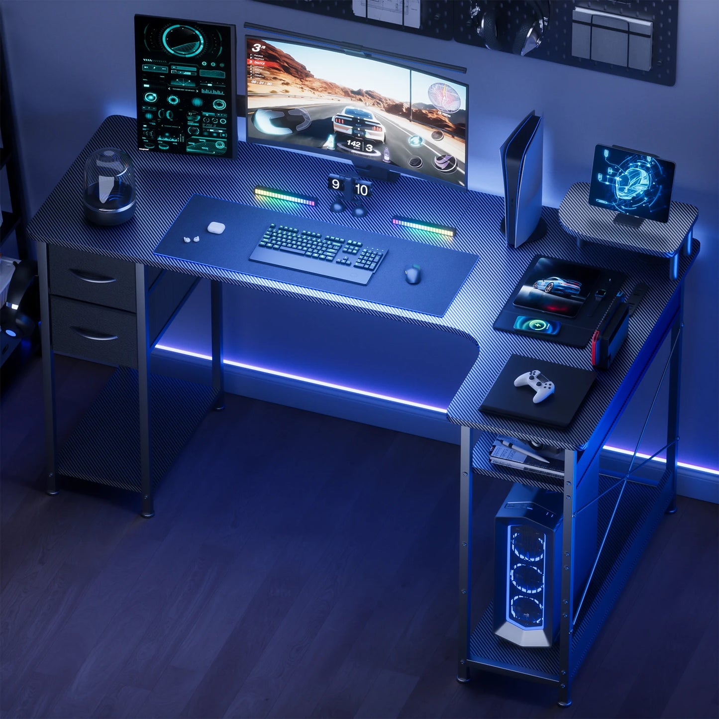 L-Shaped Gaming Desk with Drawers – Carbon Fiber Computer Desk with Monitor Arm for Home Office