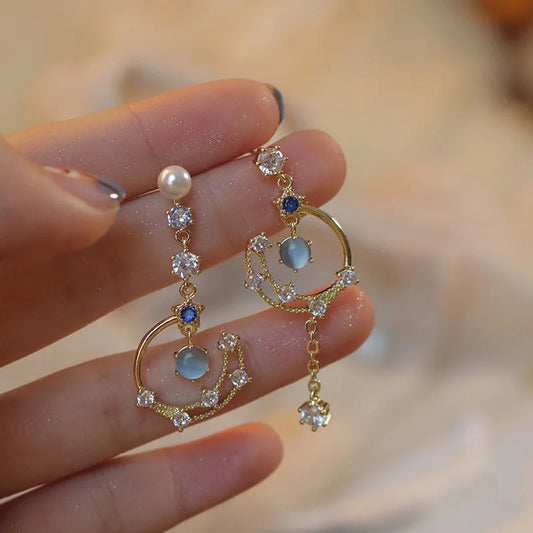 Pearl Moon Asymmetric Earrings - Butterfly Flower Zircon Drop Jewelry for Women Weddings