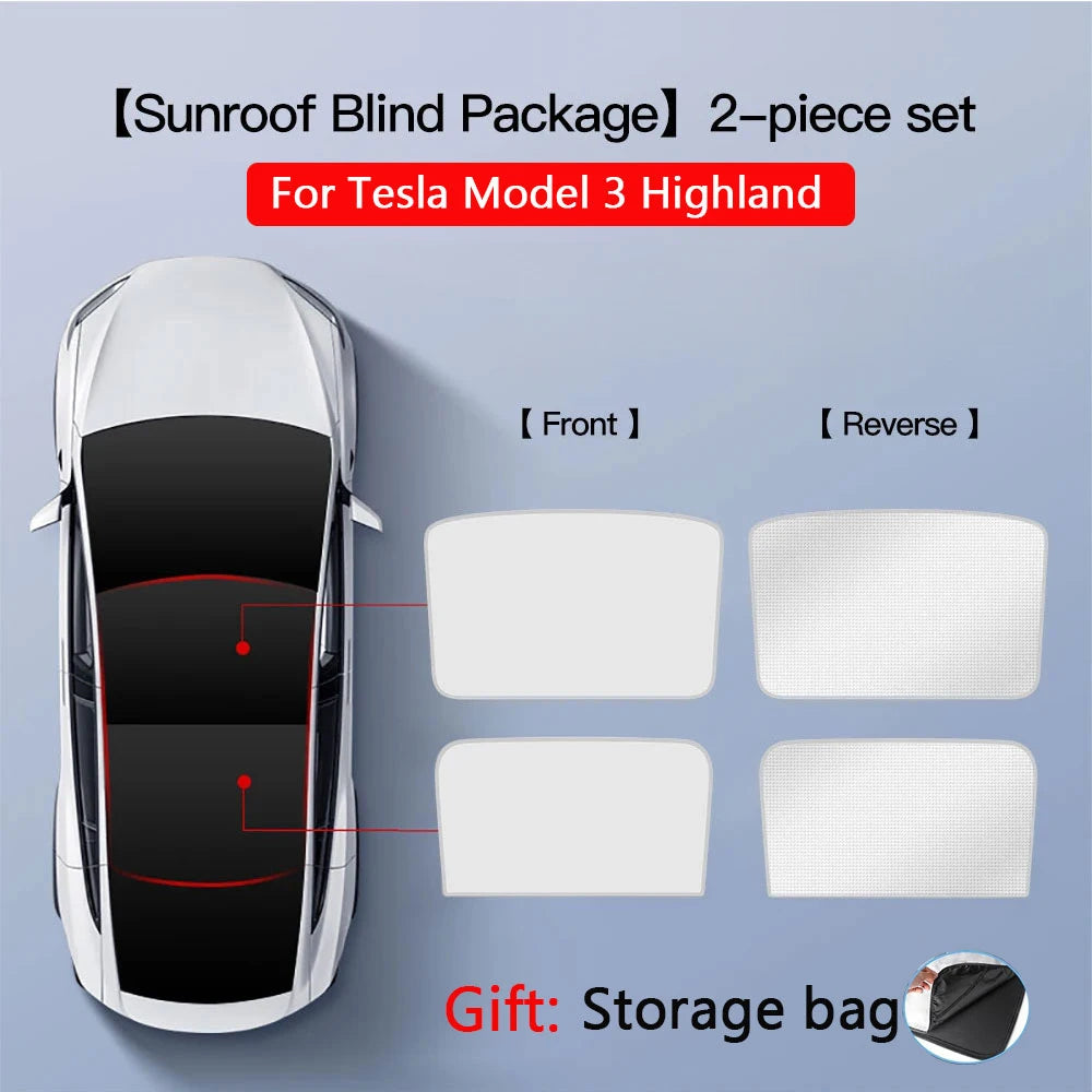 2PCS Car Roof Sunshade Set for Tesla Model 3/Y (Highland & Juniper) – Front & Rear Glass Roof Skylight Ice Cloth Buckle Sun Protection Covers