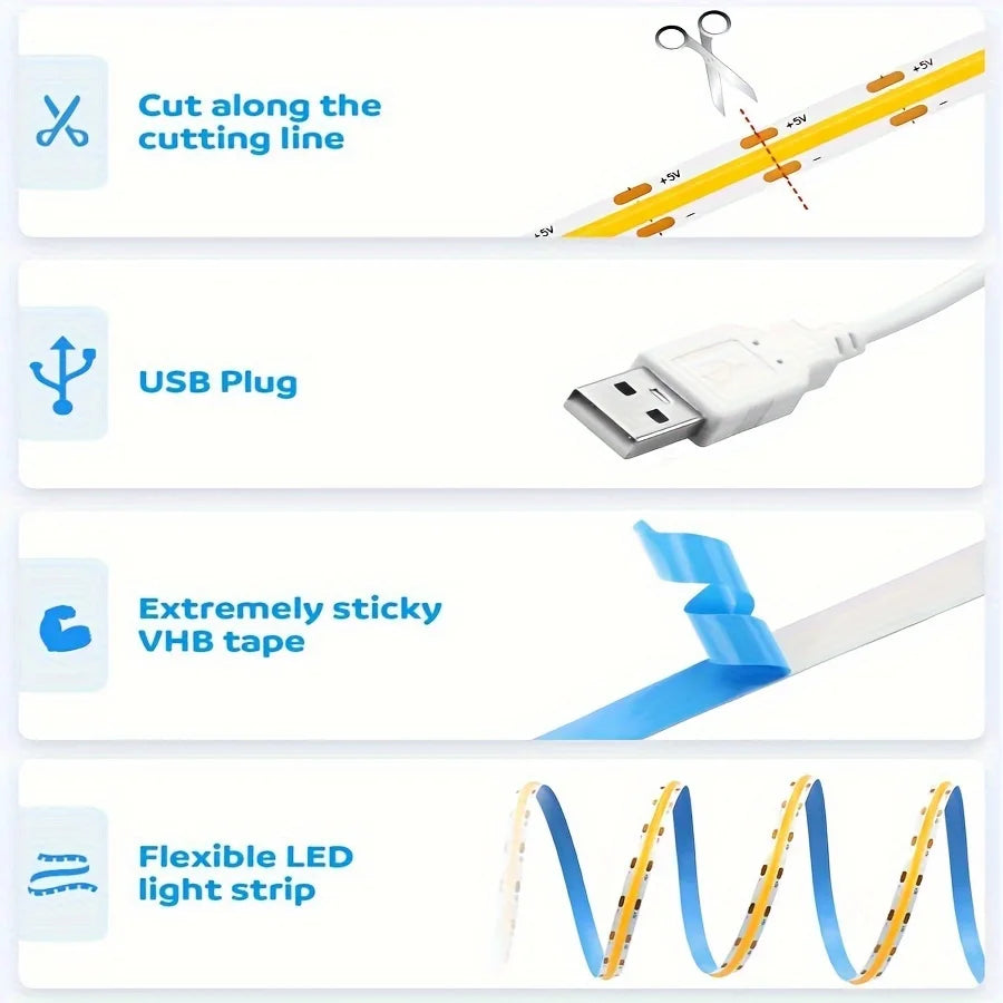LED COB Light Strip – Flexible USB 5V Touch Dimmer Tape for Indoor Lighting, DIY TV, Mirror Backlight & Wall Decor