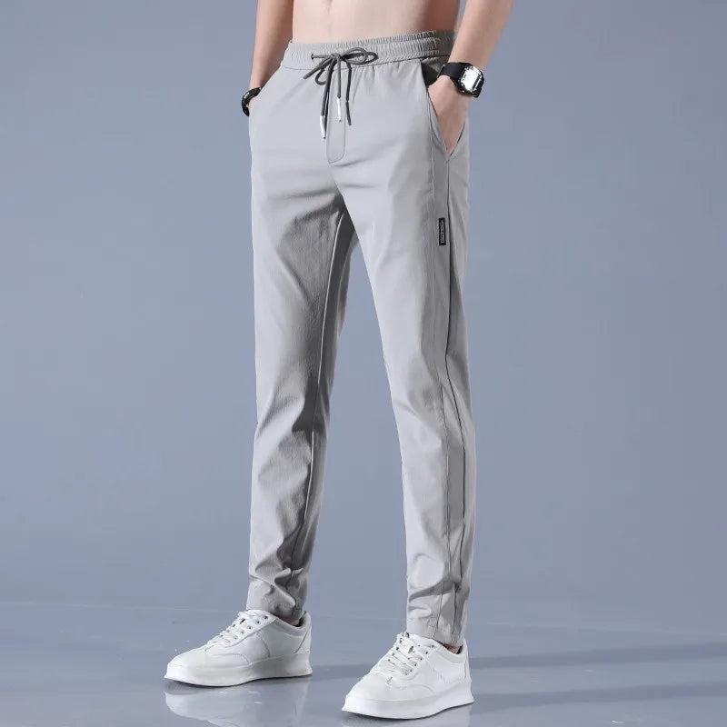 2024 New Ice Silk Men's Pants - Summer Black Gray Thin Business Casual, Elastic Breathable Outdoor Straight Leg Sweatpants