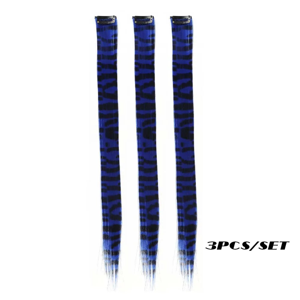 3-Piece Colorful Stripe Hair Extensions - Long Straight Synthetic Clip-In Hair Pieces for Parties & Halloween