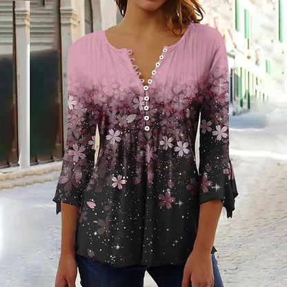 2024 Trendy 3D Printed Women’s Blouse Shirt – V Neck Button-Up 3/4 Sleeve Elegant Spring Summer Fashion Top
