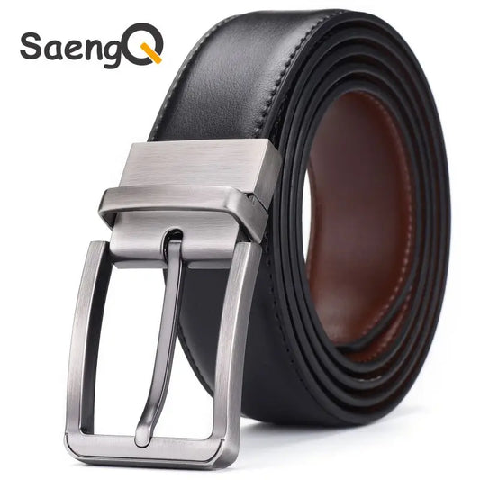 Men’s Genuine Leather Double-Sided Belt – Luxury Retro Pin Buckle with Laser Engraving (High Quality)
