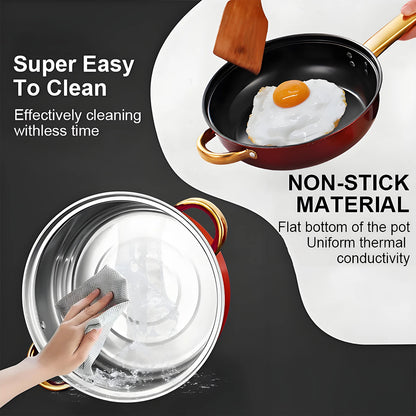 12-Piece Red Cookware Set – Stainless Steel Non-Stick Kitchen Cookware Collection