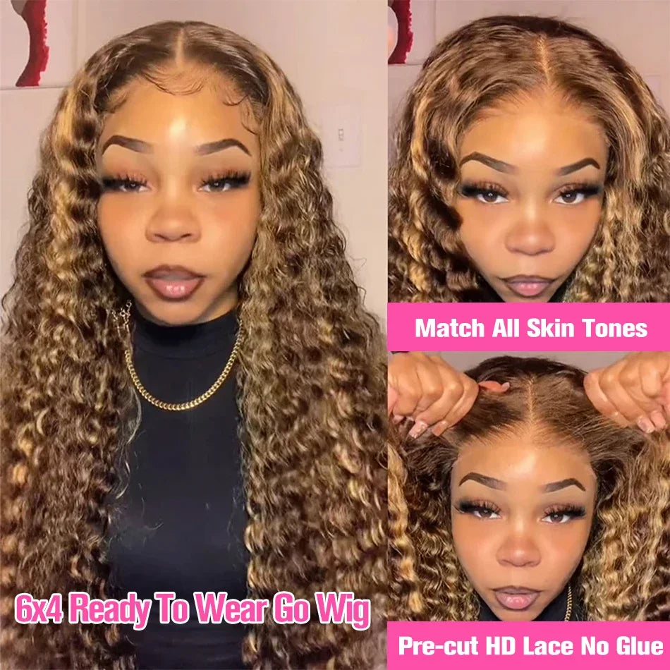 Honey Blonde Deep Water Wave HD Lace Frontal Wig – 13x6 Human Hair, Highlight Curly, 30-34 Inch Length