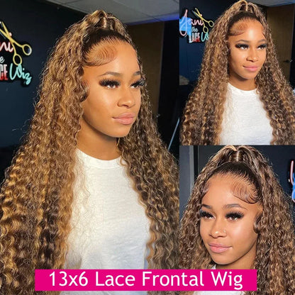 Honey Blonde Deep Water Wave HD Lace Frontal Wig – 13x6 Human Hair, Highlight Curly, 30-34 Inch Length