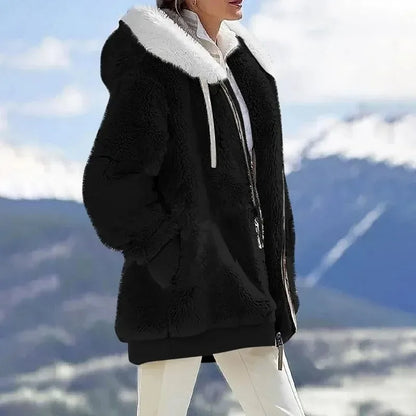 2024 Winter Fashion Women's Hooded Zipper Coat - Casual Cashmere Fleece Jacket in Solid Colors