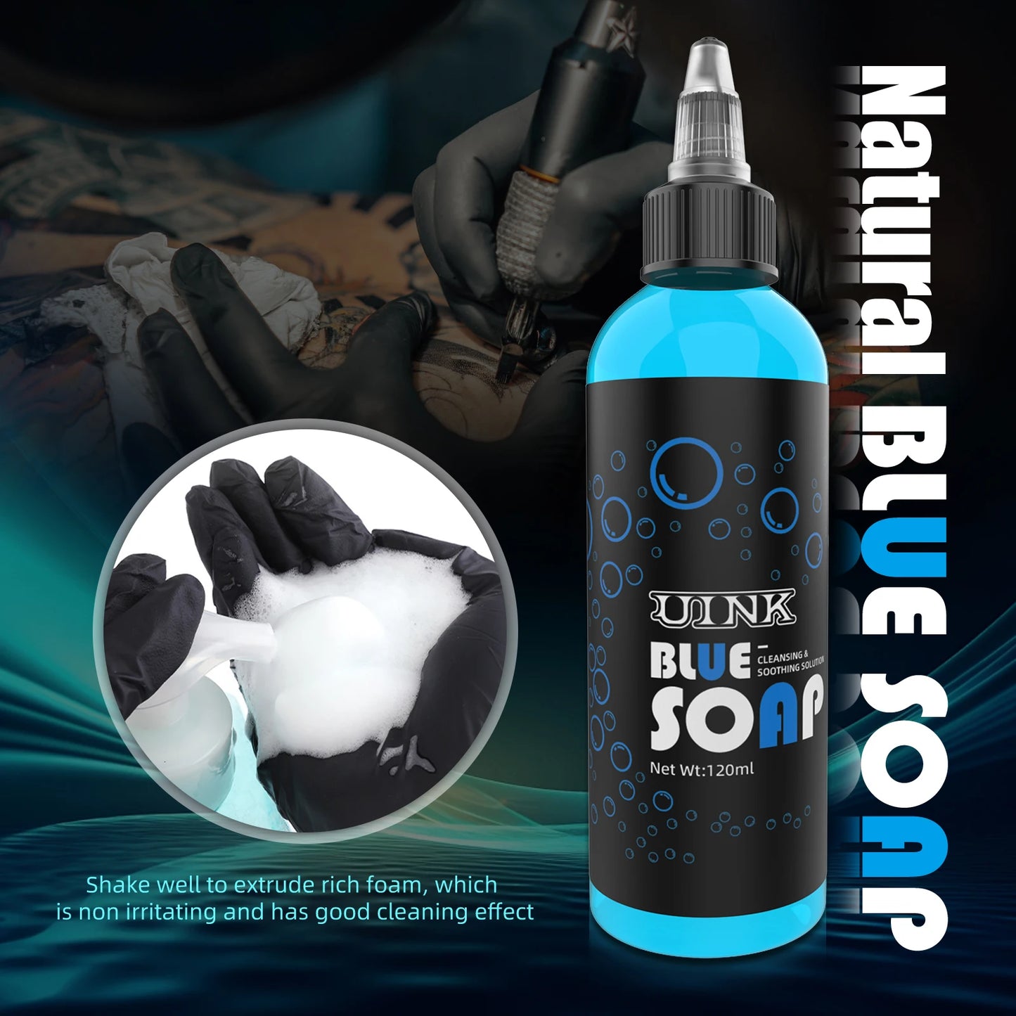 UINK Tattoo Blue Soap 120ml – Foaming Tattoo Cleaning Tool Kit for Beginners & Artists