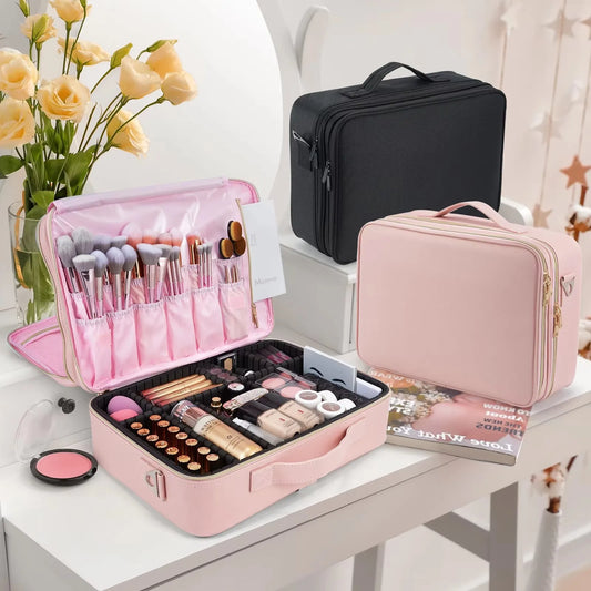 Professional Makeup Bag — Extra-Large Cosmetic Train Case with Brush Organizer, Storage Compartments & Dividers for Artists